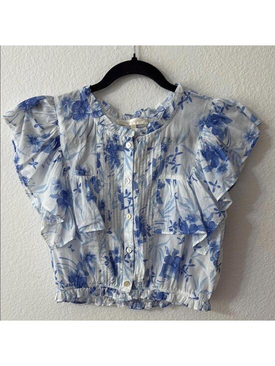LoveShackFancy Tops - LoveShackFancy Blue and White Flutter Sleeve Cropped Blouse